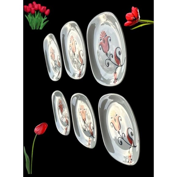 VTG 70s Block Langenthal Transition Bread Plates 6 piece Red Floral Pop Art - Picture 7 of 12